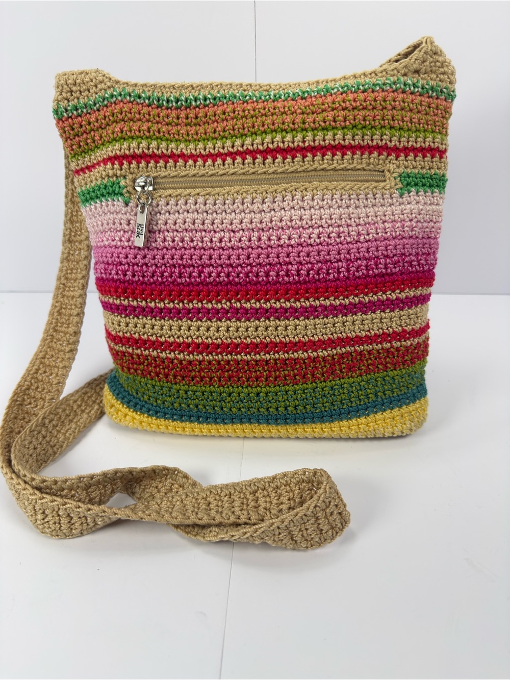 VTG The Sak Crochet Crossbody Bag Multicolored Boho Knit Rainbow Purse Y2K